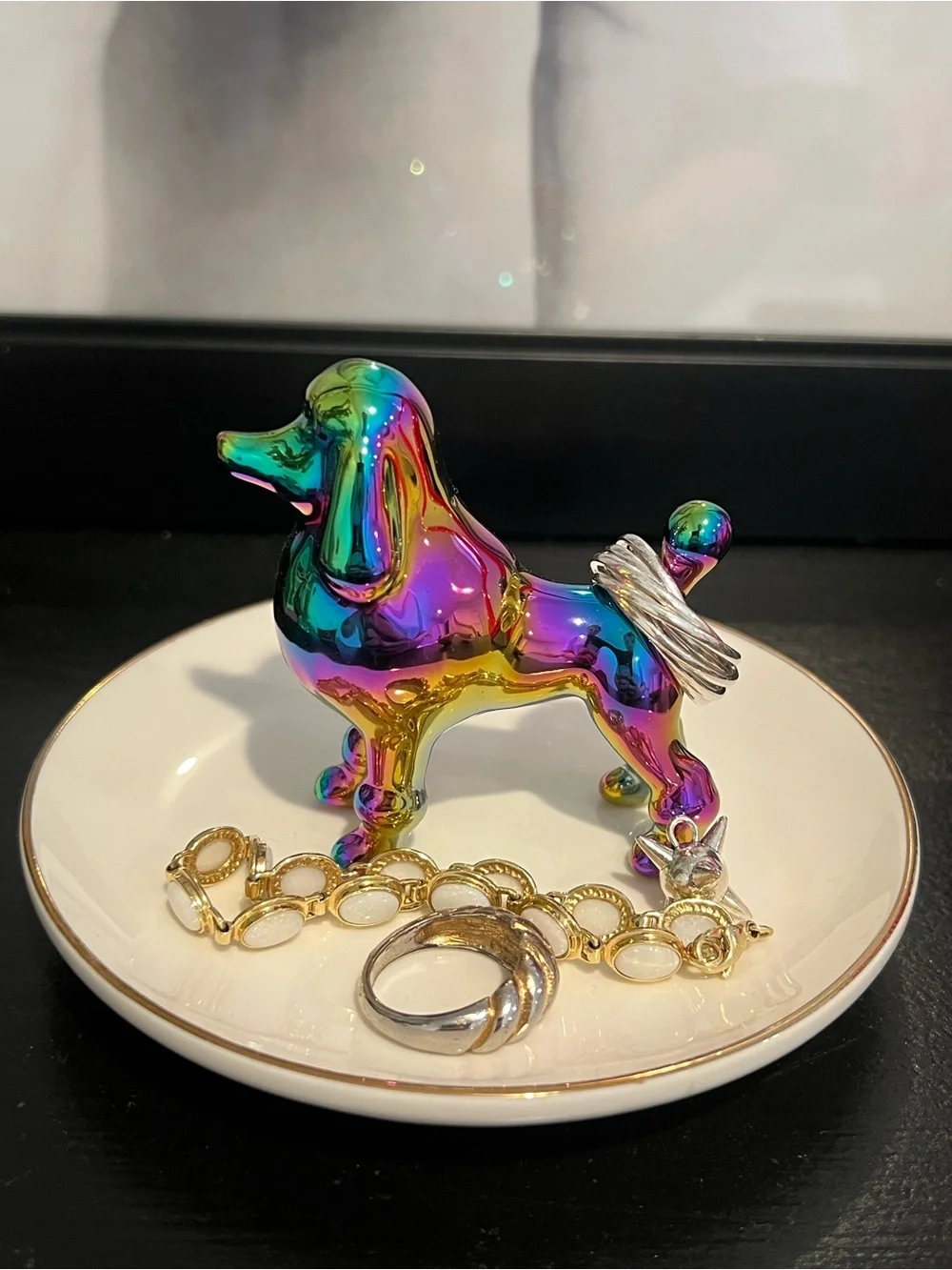 Rainbow Poodle Dog Ring Holder Trinket Jewelry Dish.